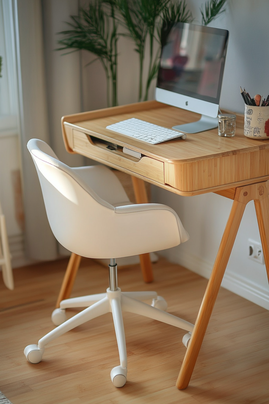 Compact workspace idea. Bamboo desk with off-white swivel chair.