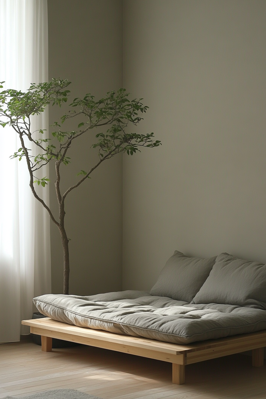 Student dorm room. Wooden futon with muted grey tones and bonsai plant.