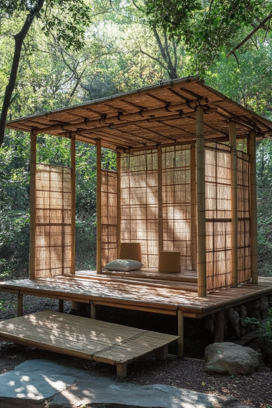 Elevated platform Zen camp concept. Bamboo platform with cedar-wood sliding Shoji screens.