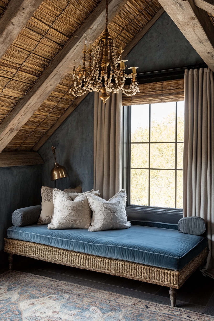 Upper level design. Velvet daybed with rattan ceiling and vintage chandelier.