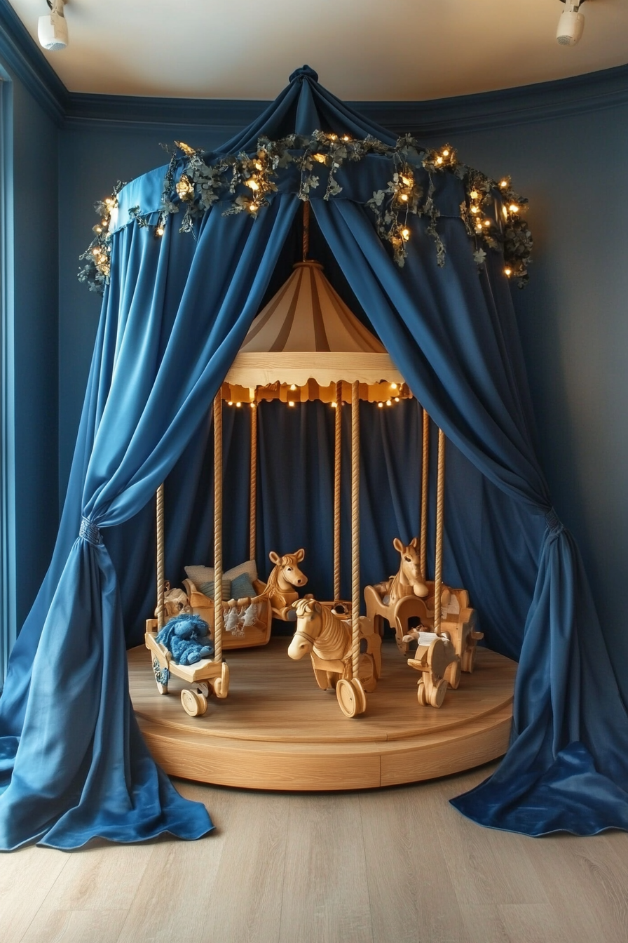 Dreamy play area. Sapphire silk canopy with wooden toy carousel display.