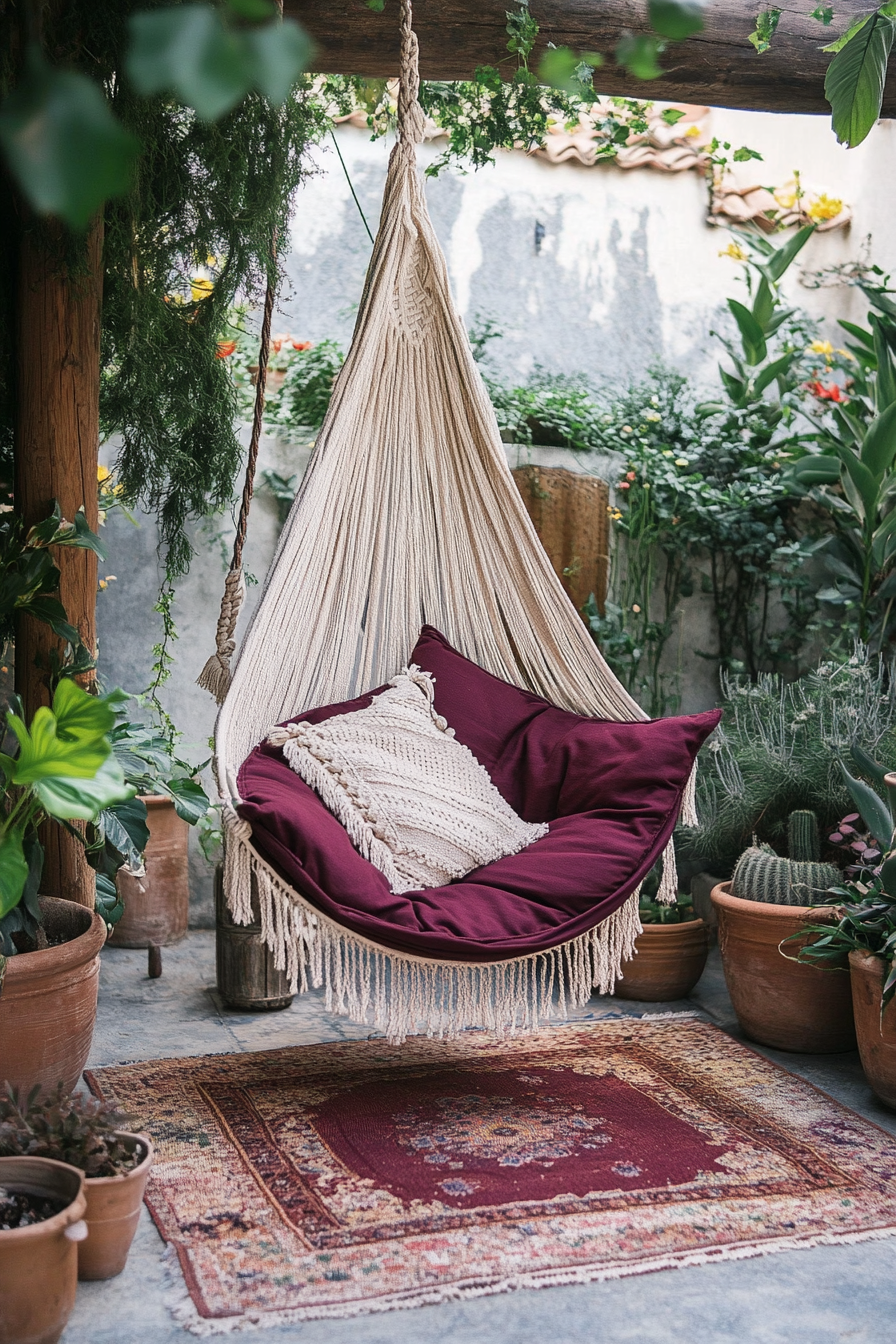 Bohemian patio design. Softly dappled kilim rugs beneath your faded maroon macrame hanging chair.