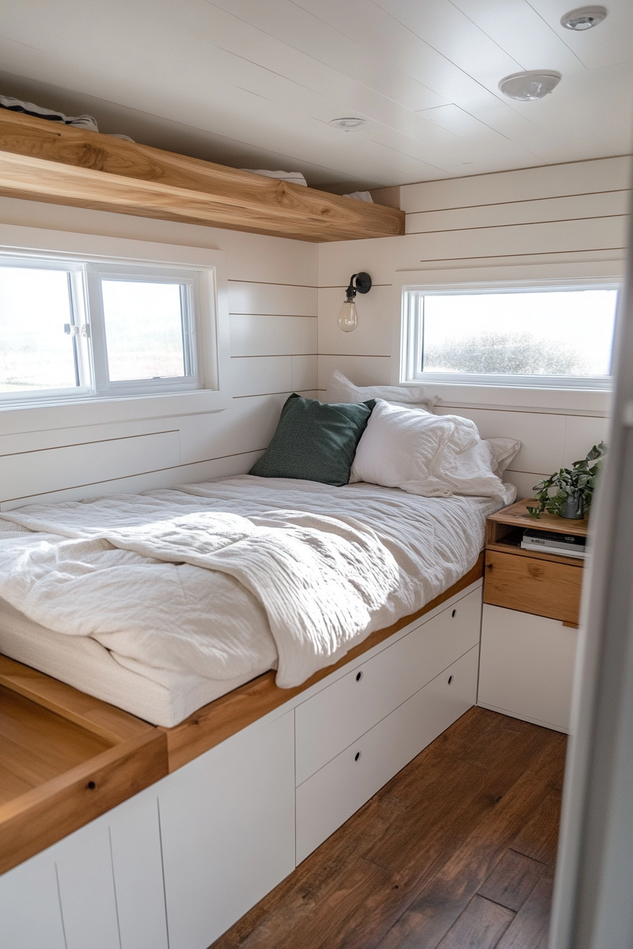 Minimalist tiny house bedroom. Wall-mounted wood nightstands, hidden storage bed, eggshell white walls.