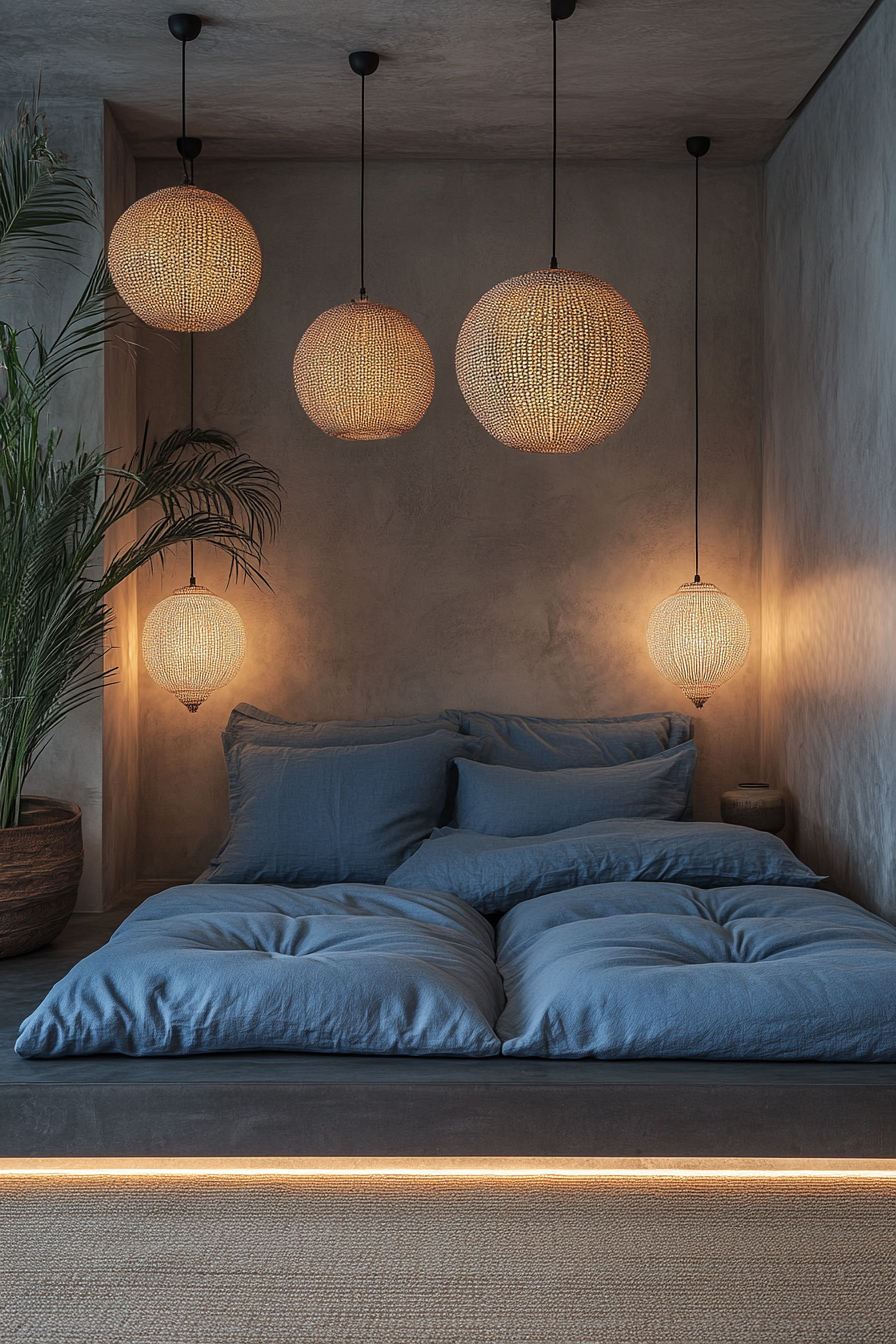 Micro Bedroom Concept. Moroccan lanterns over low blue tatami platform bed.