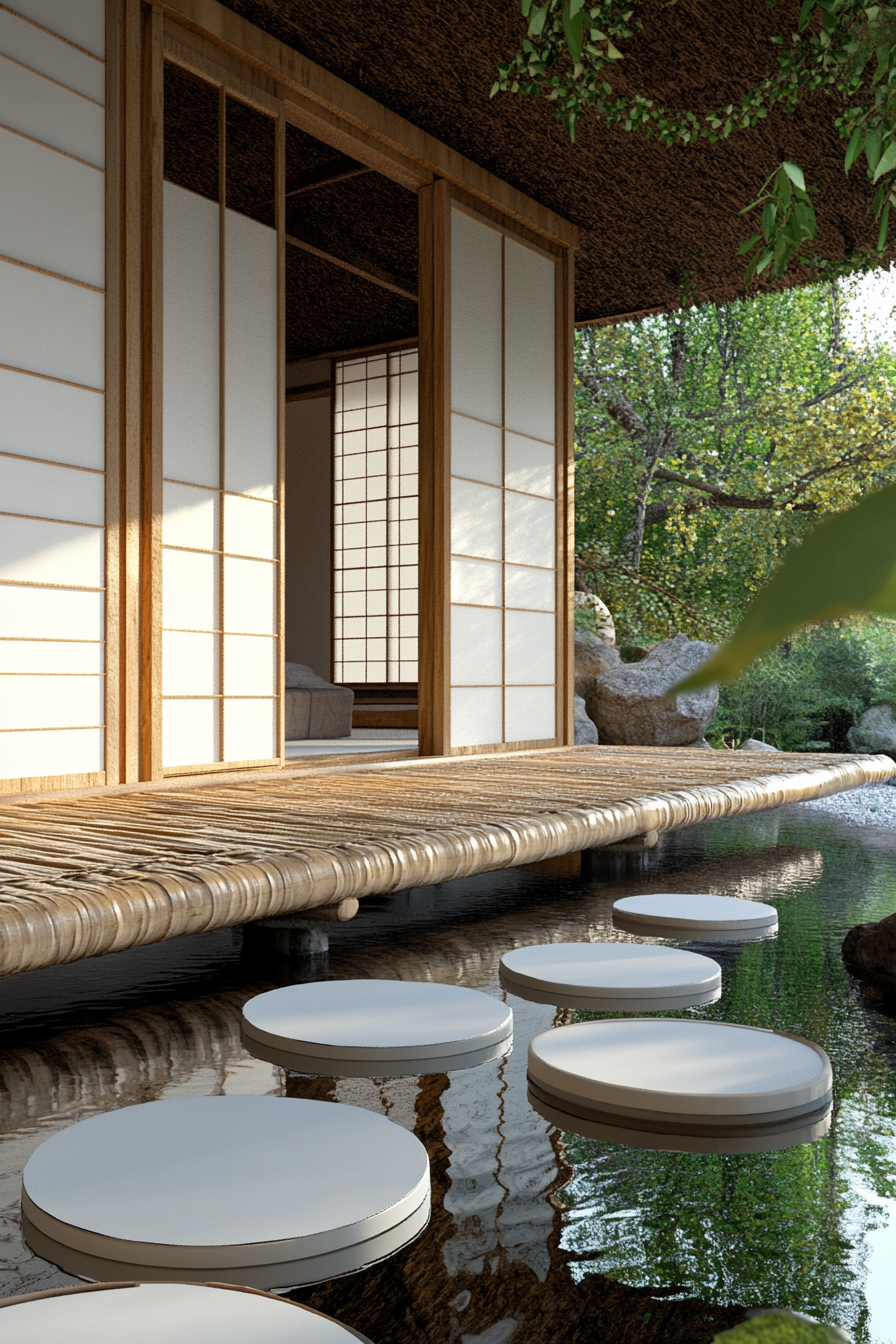 Zen camp concept. Bamboo elevated platform with white sliding shoji screens.