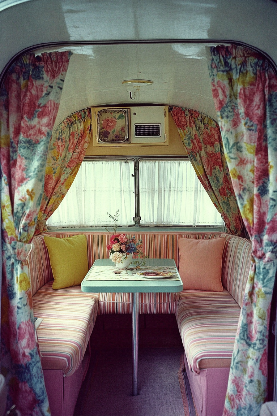 Camper design. Pastel chintz curtains with striped furniture-coverings.