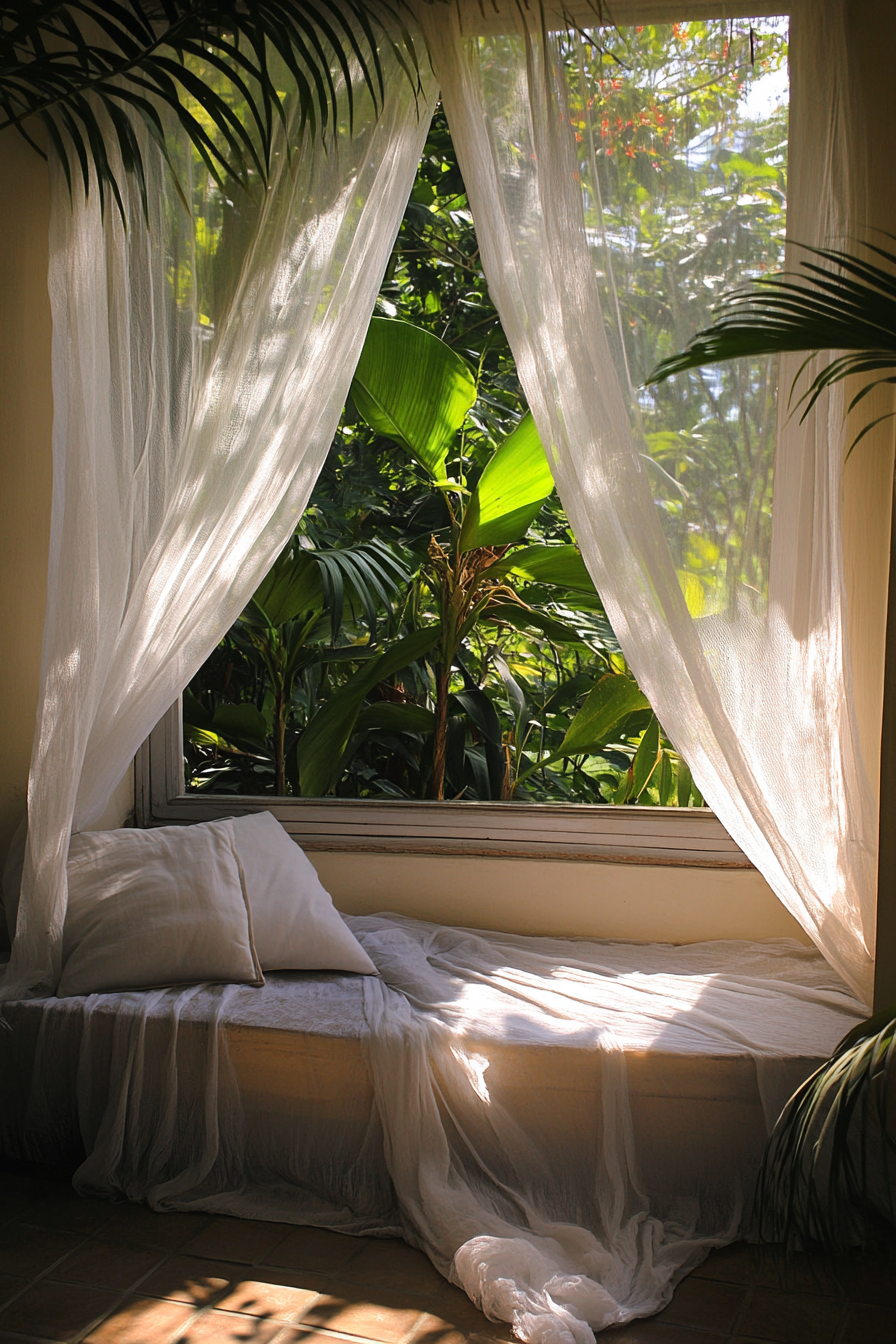 Sleeping nook. Mosquito net drapes, palm plant.