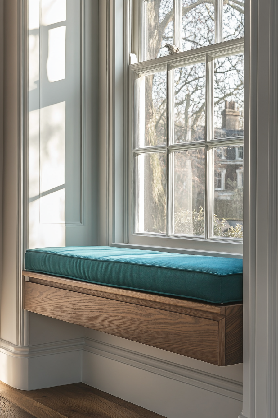 Window alcove concept. Floating bench with teal cushion and hidden storage.