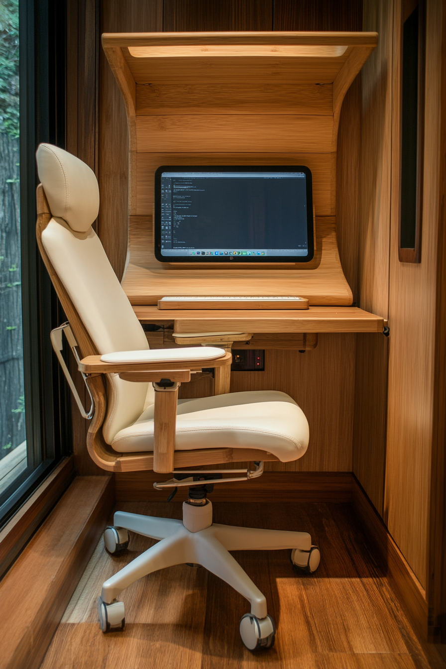 Mobile Workspace Design. Bamboo desk with cream-colored ergonomic chair.