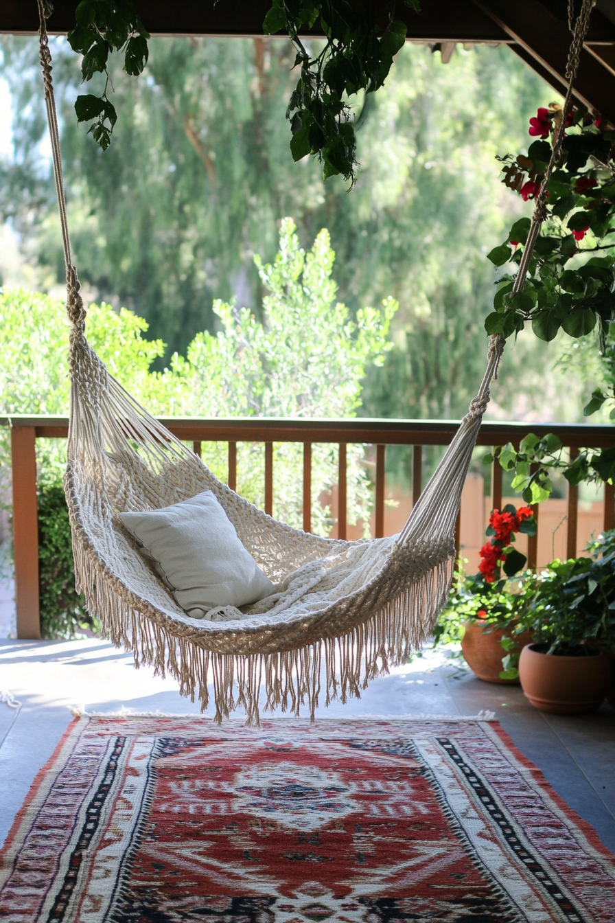 Bohemian patio. Macramé hanging chair over tasseled kilim rugs.