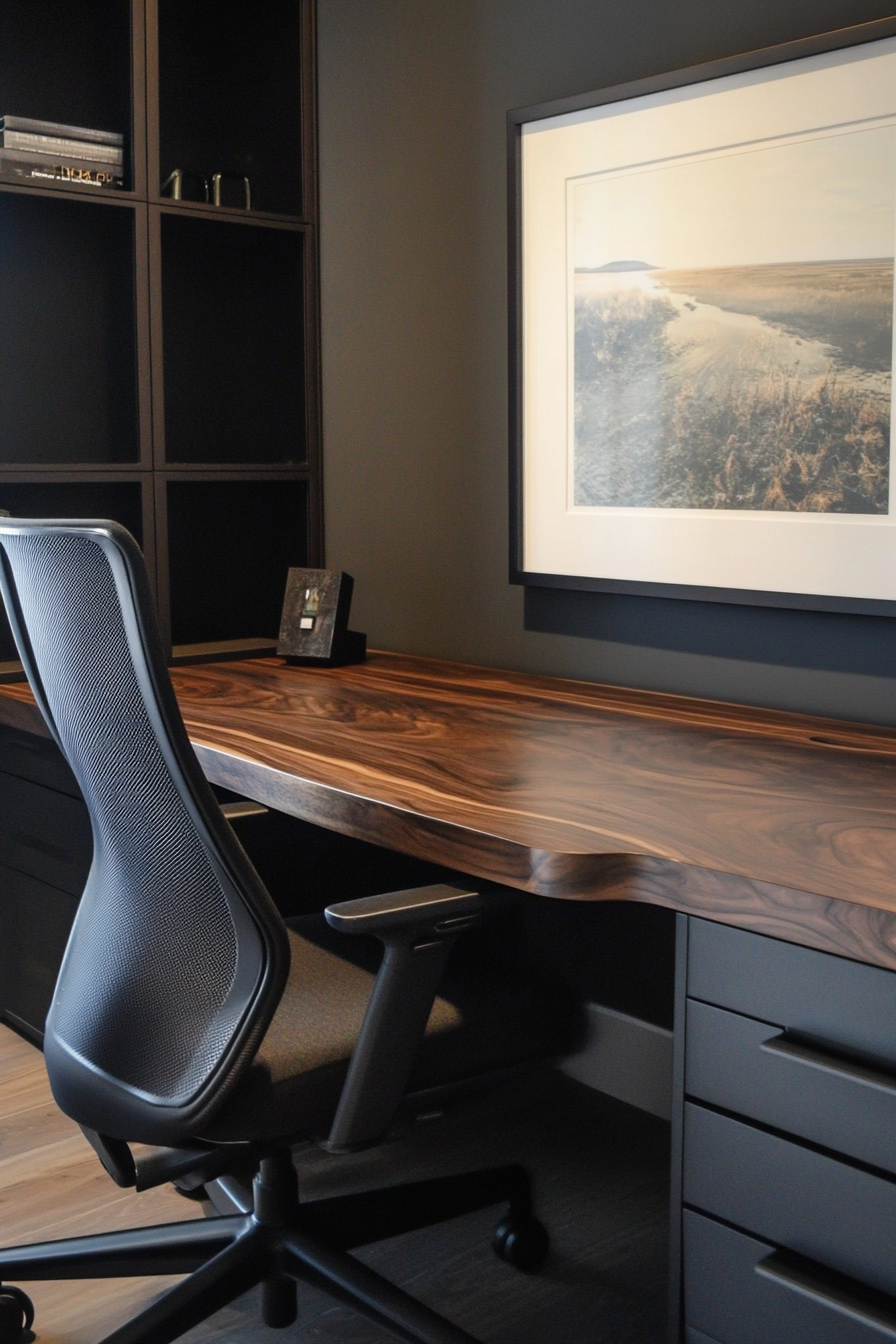 Moody Mobile Workspace. Dark walnut desk with black ergonomic chair.