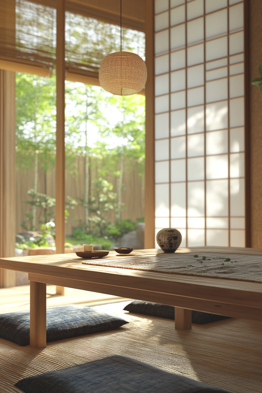 Japandi student dorm room. Wooden desk with Zen garden.