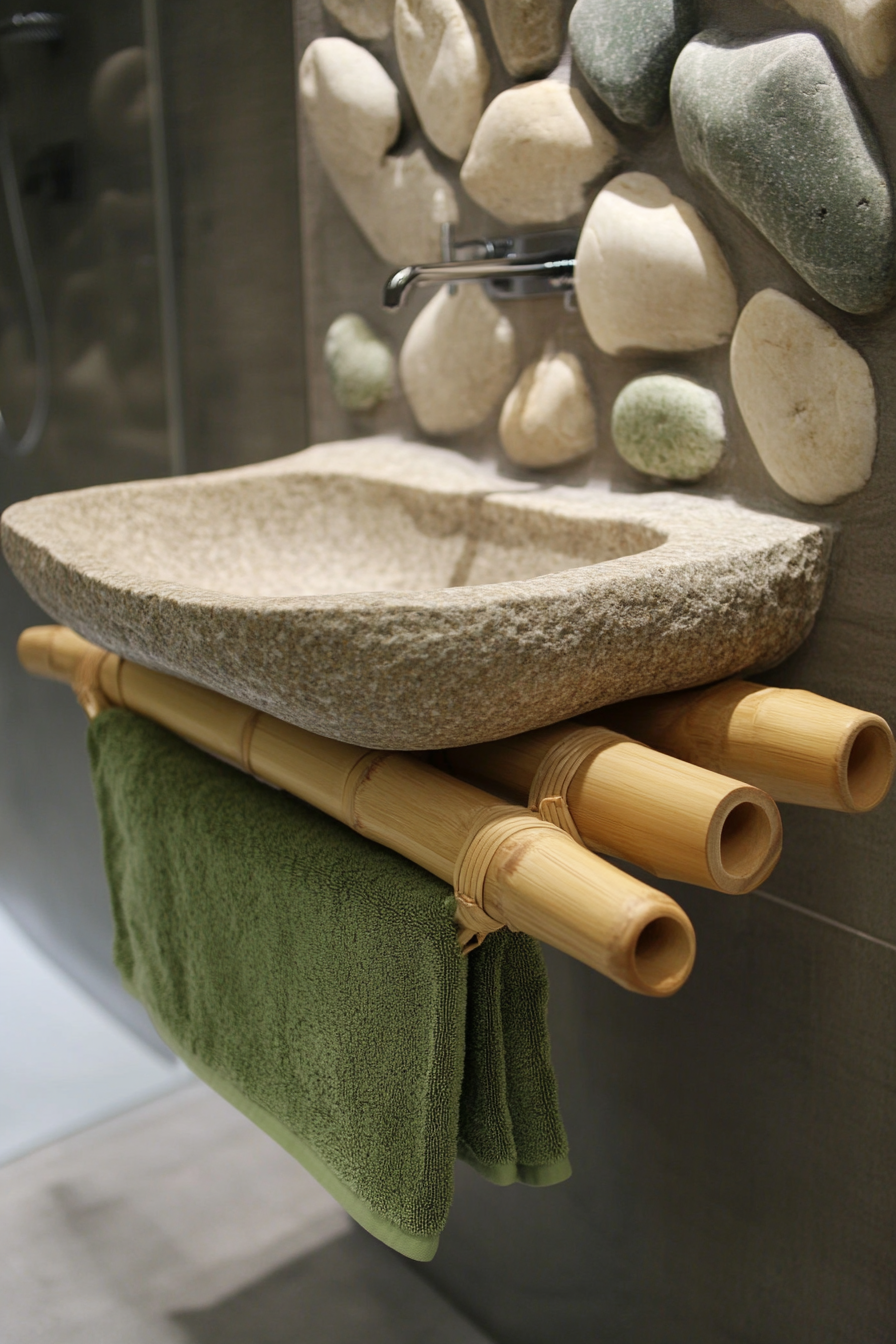 Tiny Eco-Bathroom Concept. Bamboo towel rack with river rock basin.