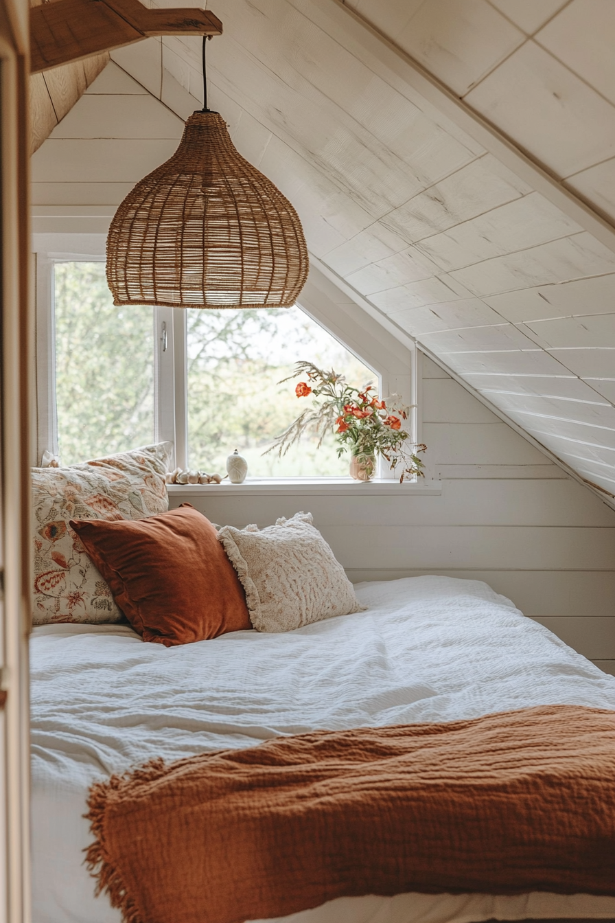 Bohemian tiny home upper level design. Velvet finish sleep loft with a rattan pendant light.