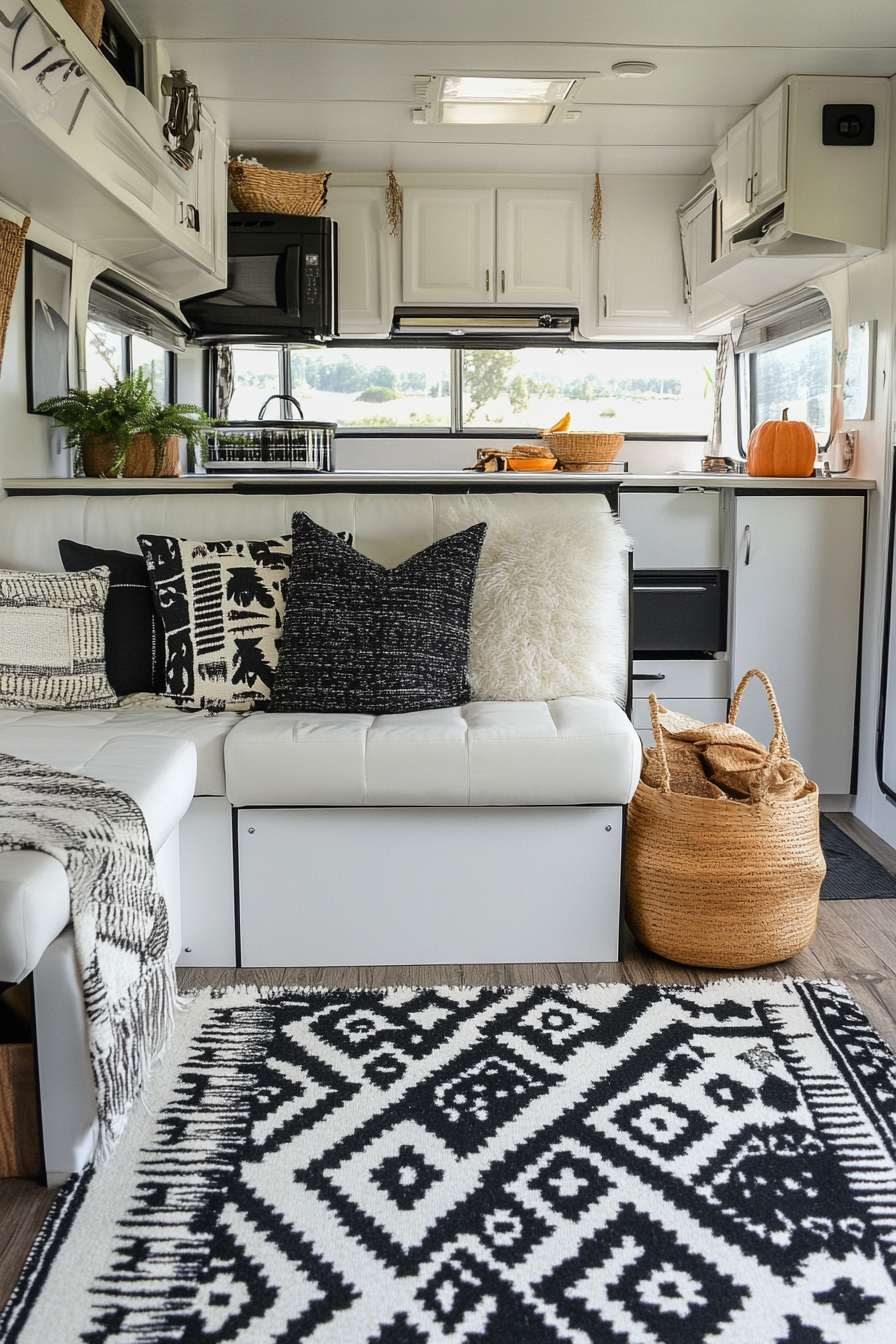 Fall RV decor. Geometric black and white Bauhaus style area rug.