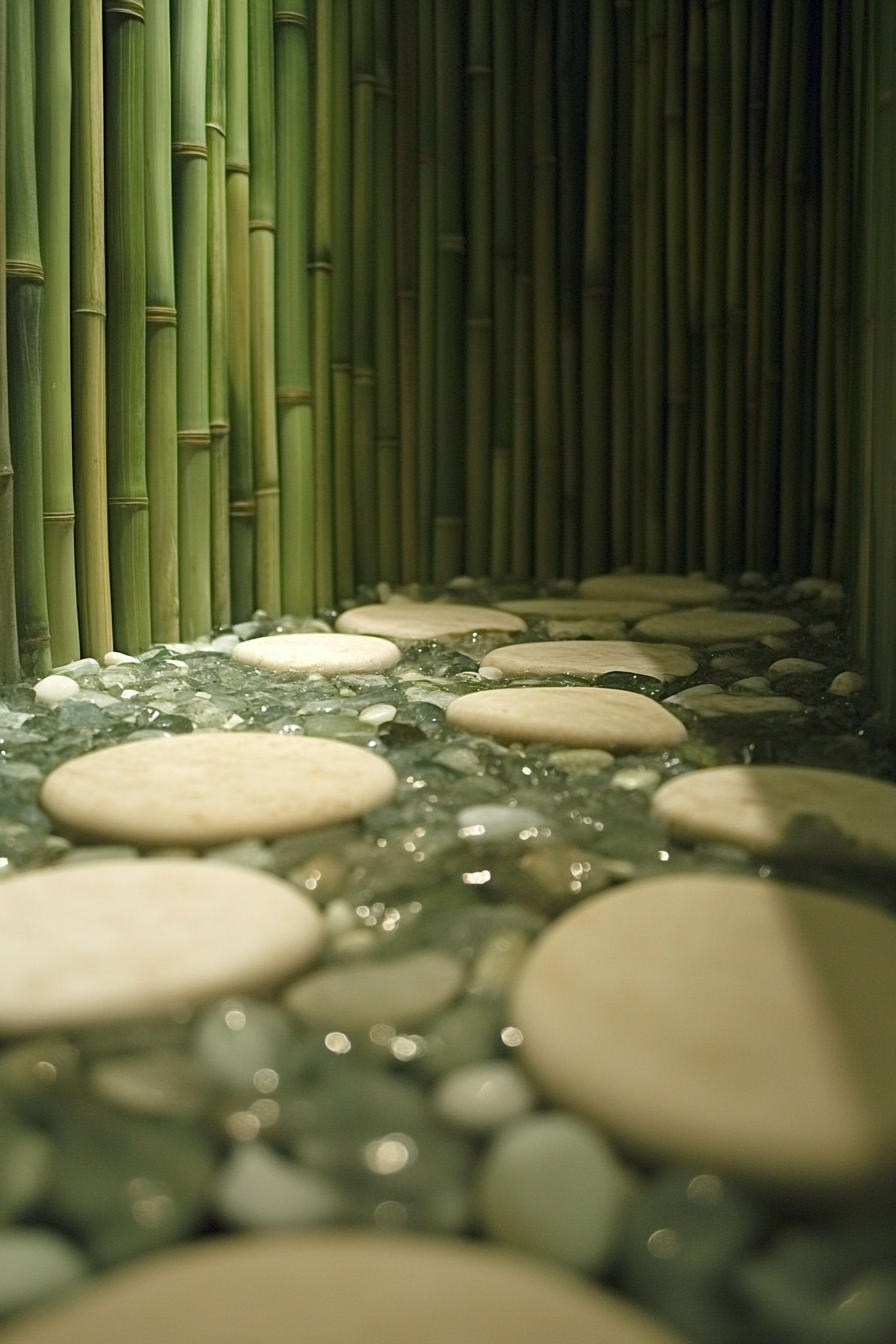 Eco-bathroom concept. Bamboo wall panels with river rock flooring.