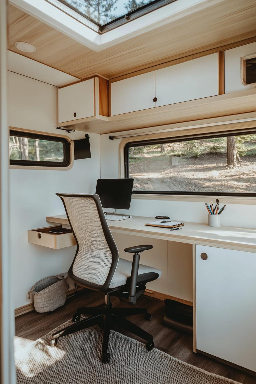 Remote work camper interior. White wall, hollow plywood desk, ergonomic chair.