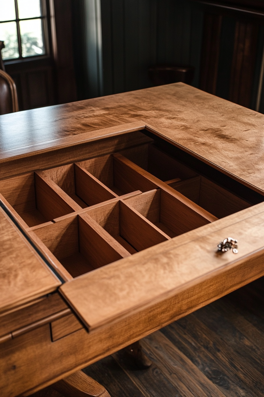 Hidden compartment dining table. Built-in leaf storage under tabletop.