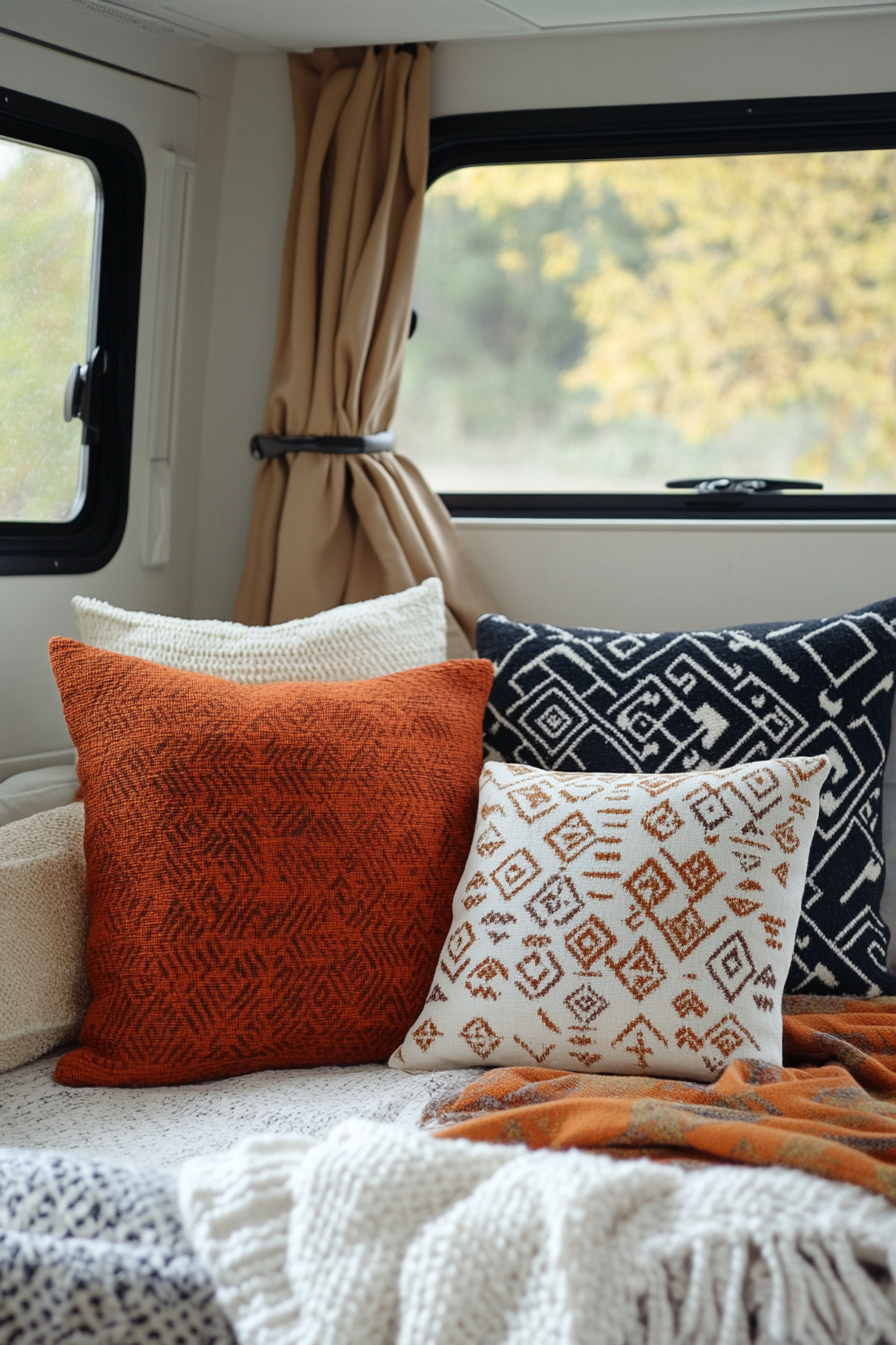 Bauhaus fall RV decor. Geometric patterned throw pillows in autumn colors.