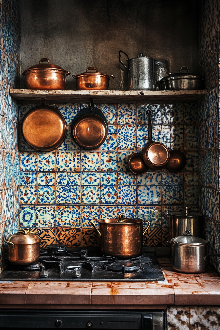 Tiny cooking space. Moroccan patterned tiles backdrop with copper pots and pans.