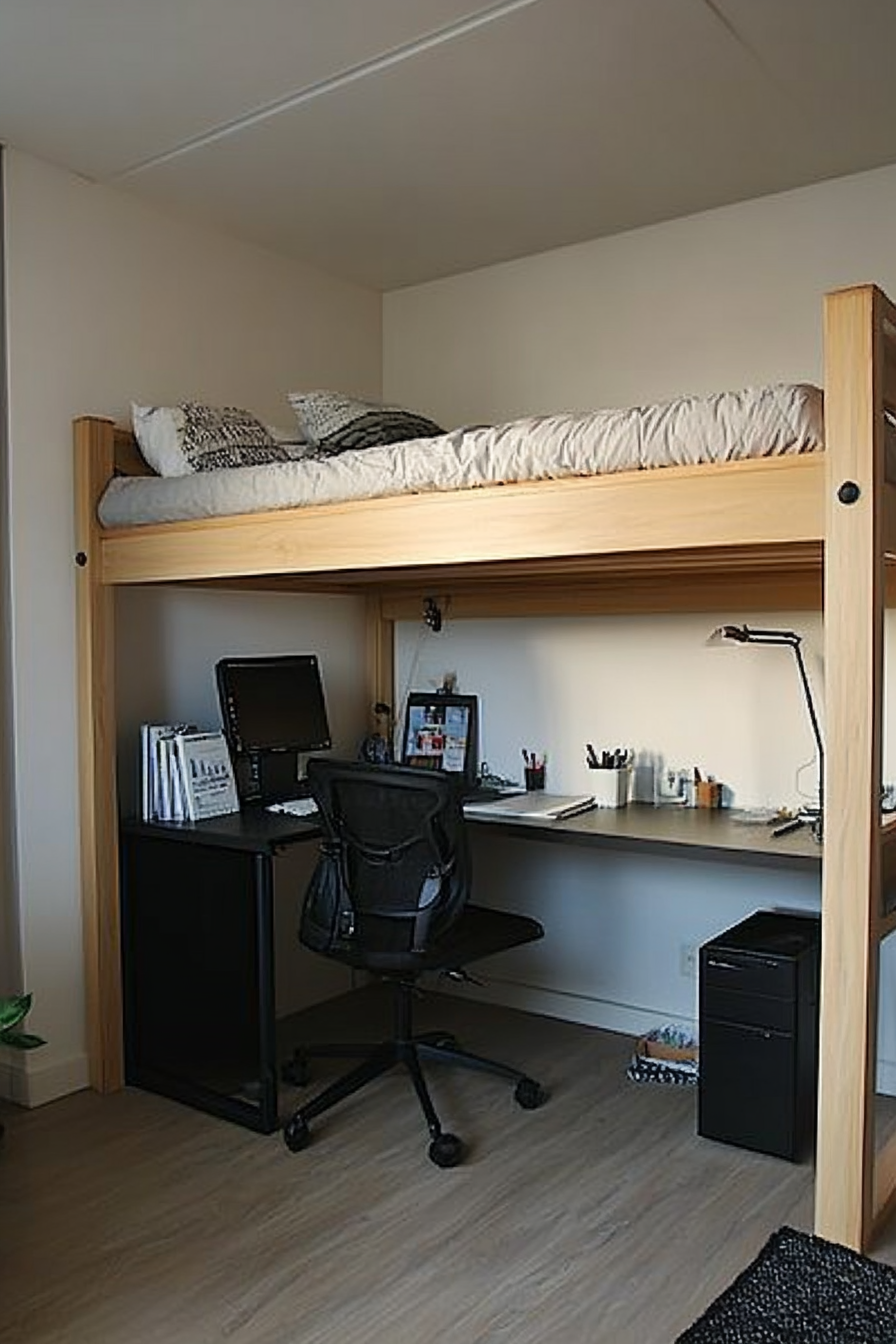 Japandi student dorm room. Wooden loft bed with minimalist black study desk.