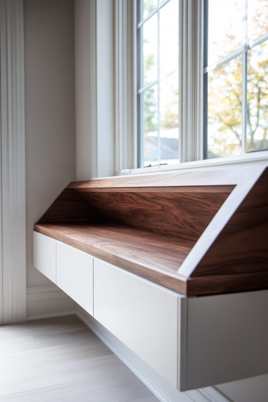 Window alcove concept. White floating bench with rich walnut hidden storage compartments.