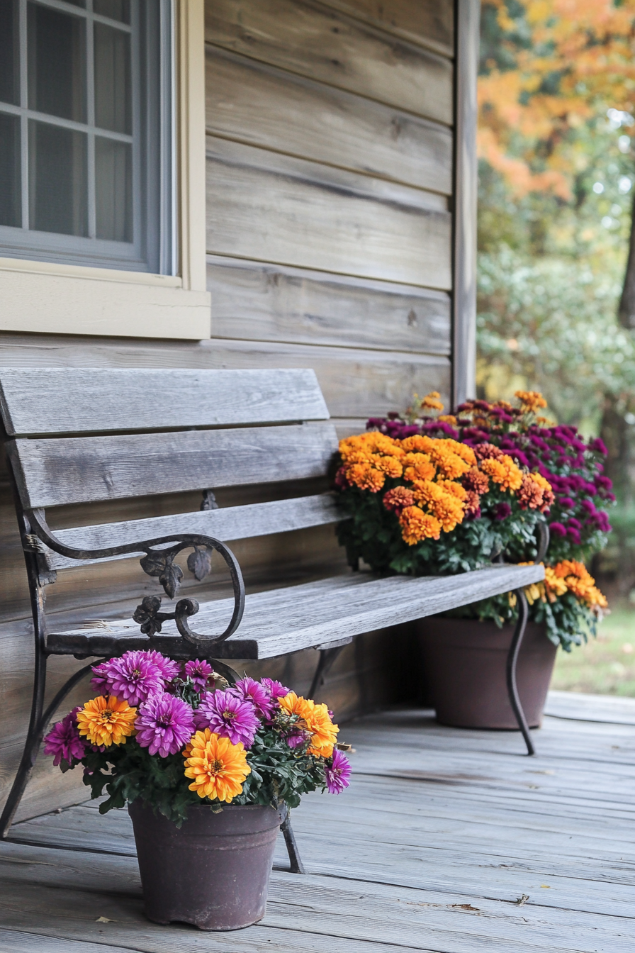 Fall porch. Potted mums near a rustic wood bench with an iron frame.