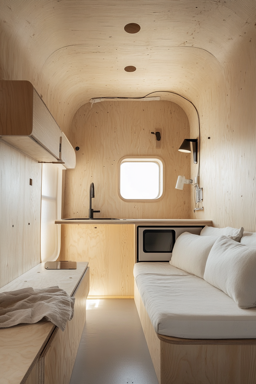 Remote Work Camper interior. Sleek white upholstery with plywood kitchenette.