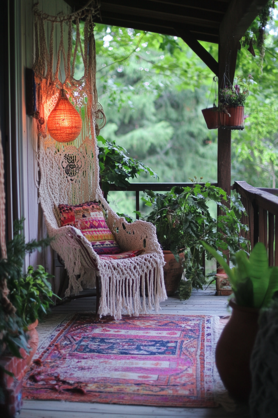 Bohemian patio. Macramé chair canopies and layered kilim rugs.