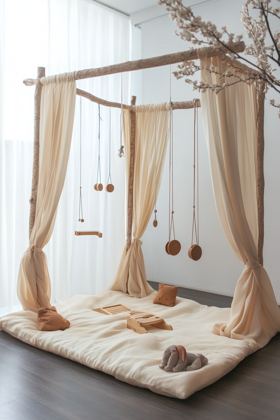 Dreamy play area. Silk canopy with hanging wooden toys.