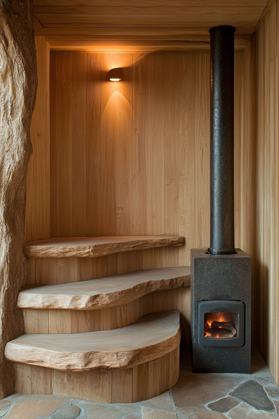 Sauna room design. Iron wood-burning stove beside a cedarwood three-tiered bench.