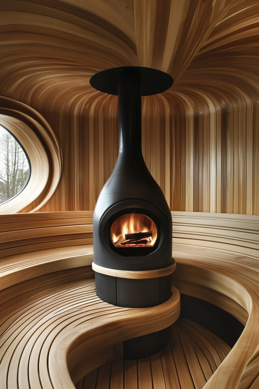 Sauna room design. Round wood-burning stove with a three-tiered cedar bench.