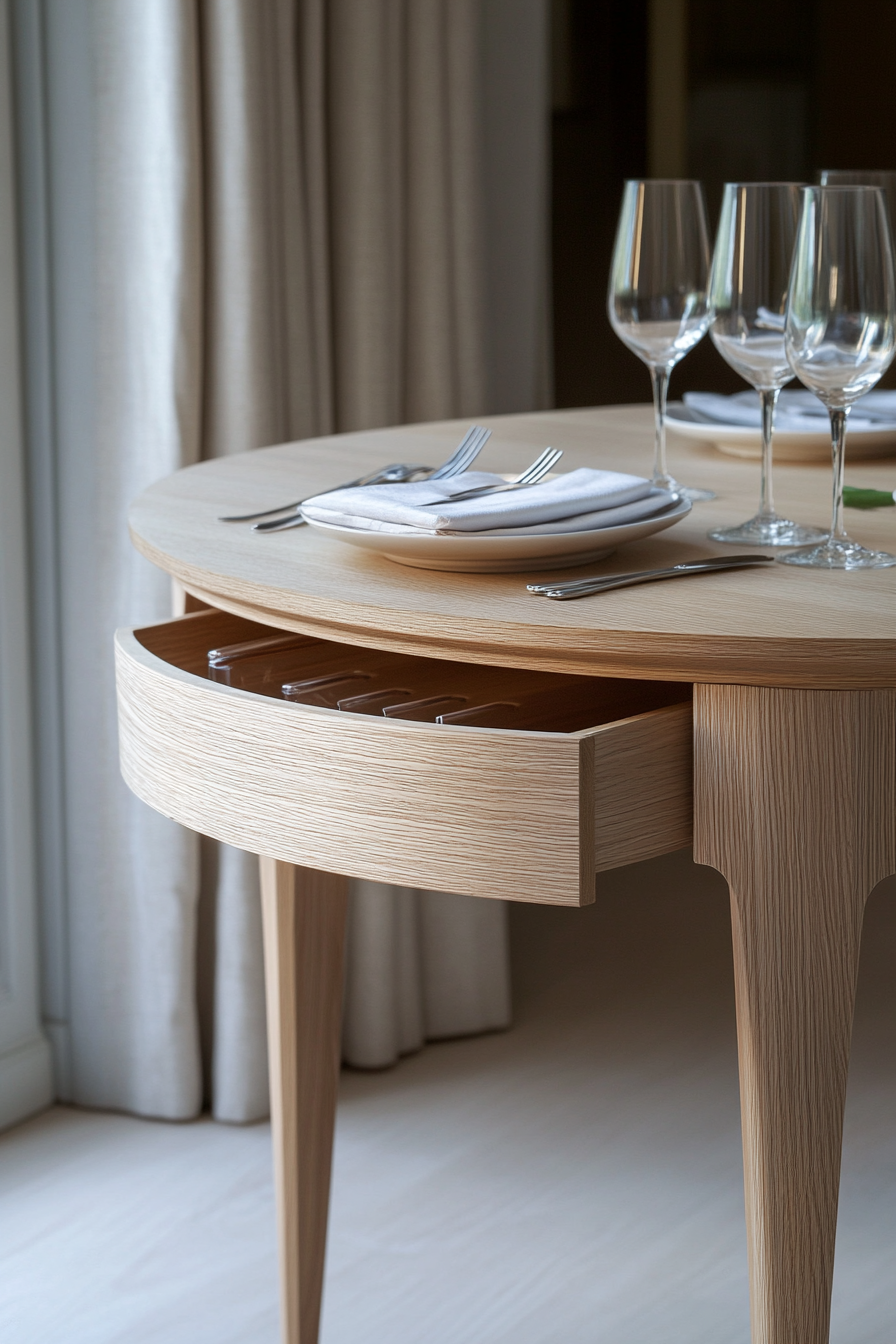 Dining table for small space. Central pedestal frame with sneakily integrated cutlery drawer.