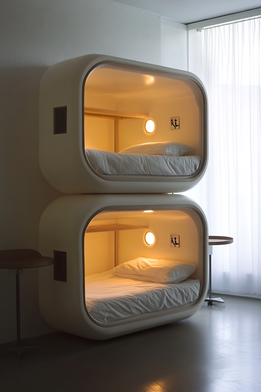 Stacked sleeping pod. Compact cylindrical design with touch-sensitive light control.