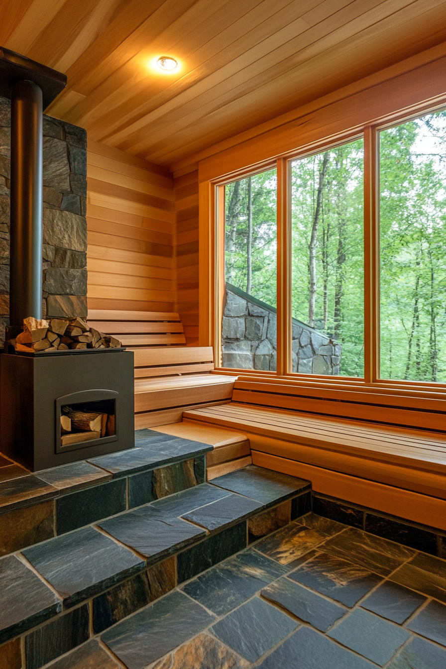 Sauna room design. Iron wood-burning stove with slate hearth and cedar tiered benches.