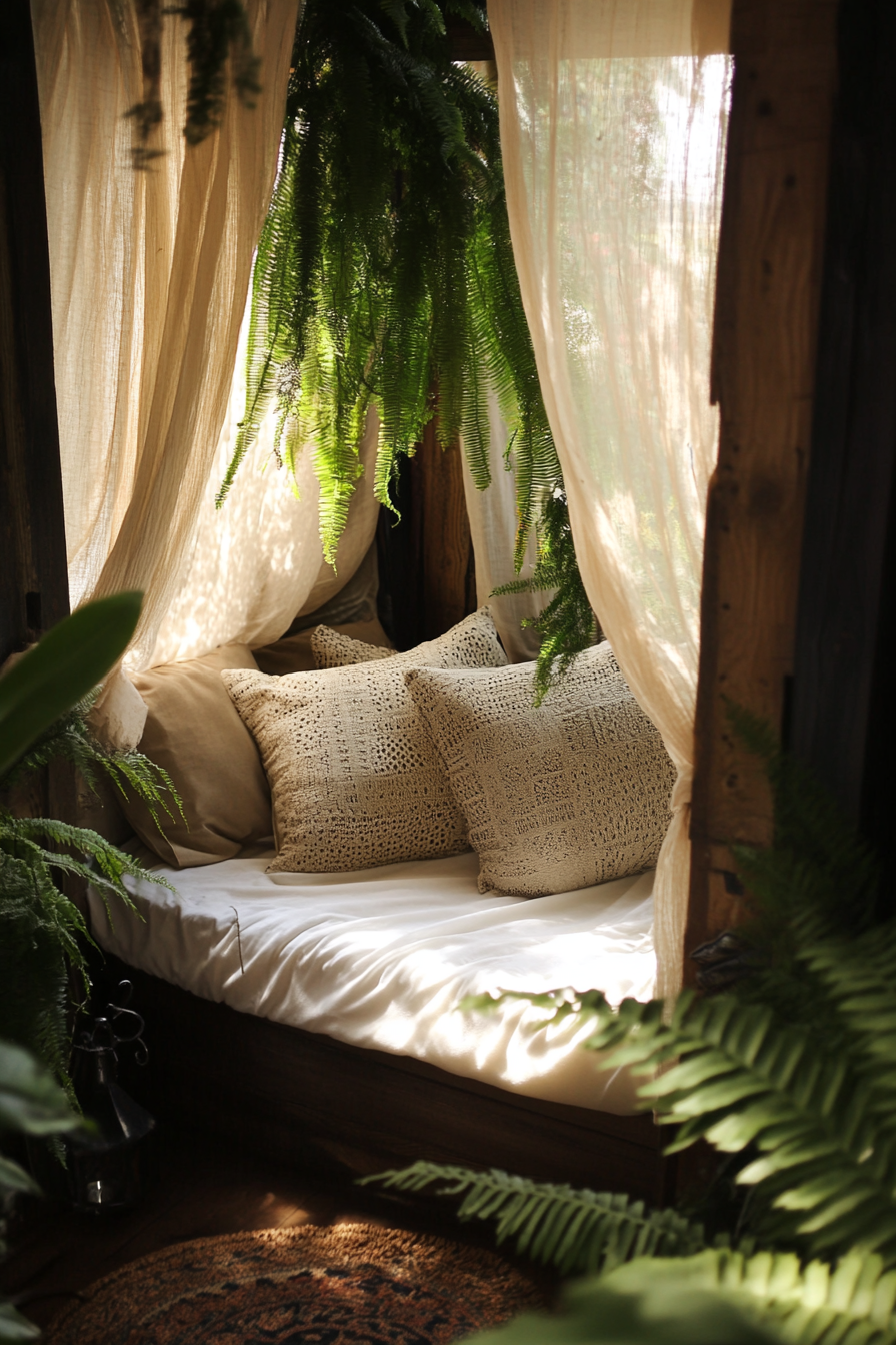 Sleeping nook. Mosquito net drapes and lush fern.