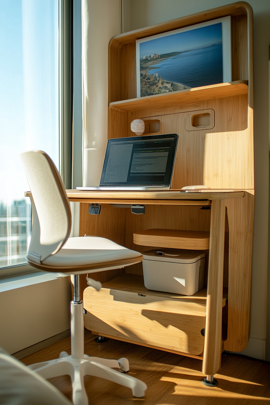 Mobile workspace design. Bamboo standing desk with neutral tone ergonomic chair.