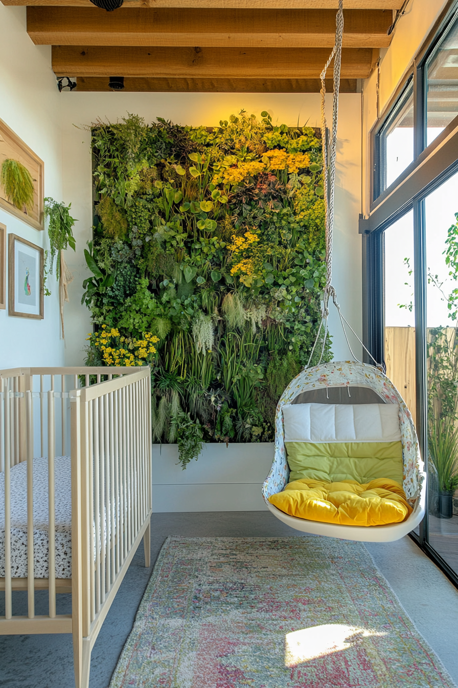 Tiny House Nursery. Vertical wall garden and suspended crib.