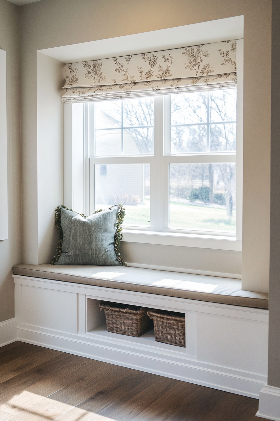 Window alcove concept. Floating bench with under-seat hidden storage.