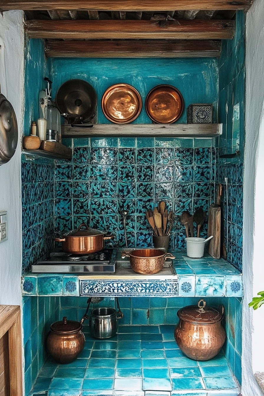 Tiny cooking space idea. Moroccan blue tiles and copper pots.