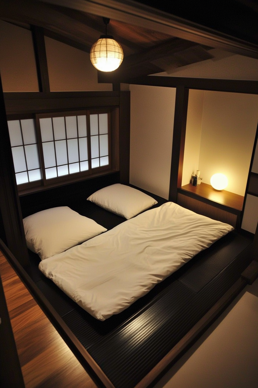 Micro bedroom design. Black tatami mats and white futon.