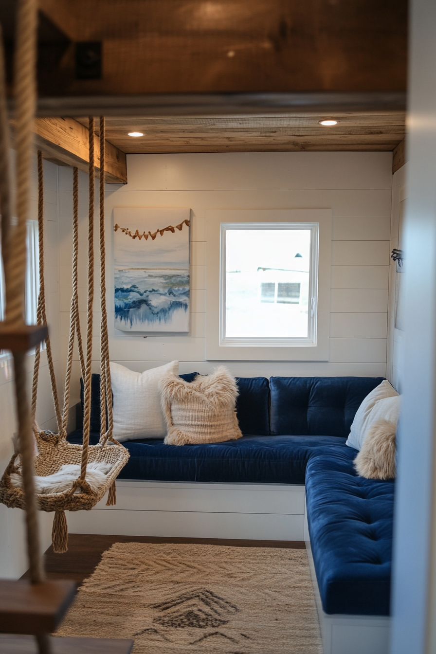 Upper level tiny home design. Velvet corner sofa, rattan swing chair.