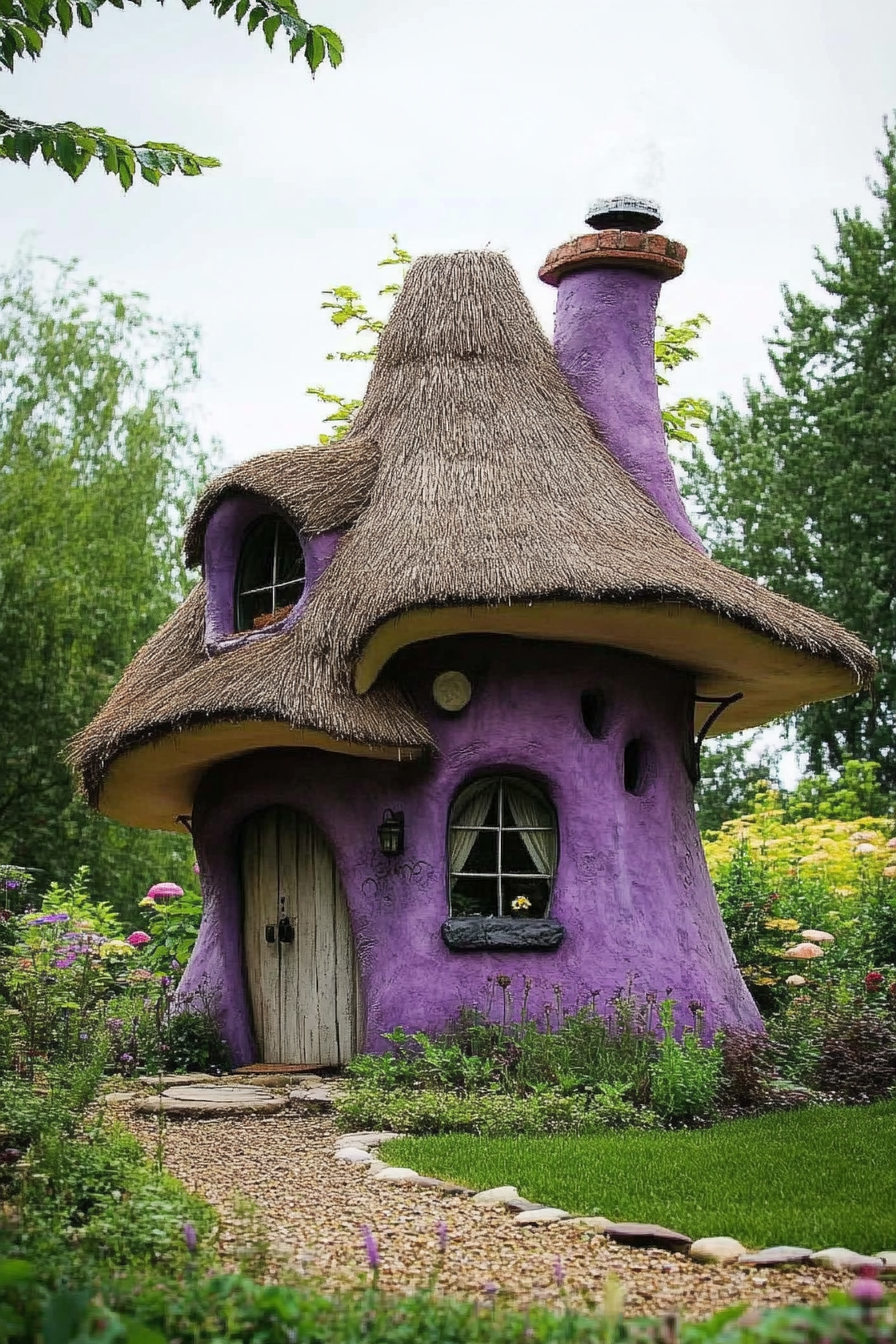 Micro fairytale home design. Crooked chimney and thatched roof on a purple mushroom house.