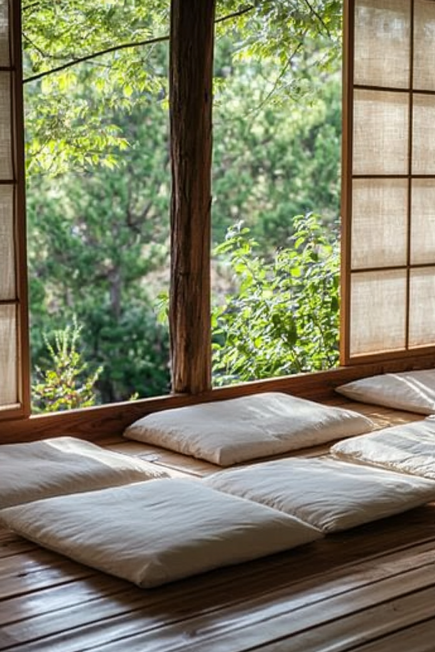 Elevated platform Zen camp. Bamboo sliding shoji screens and minimalistic bedding.