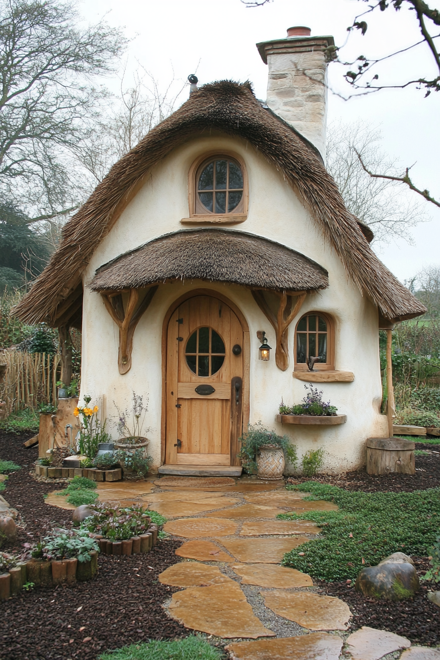 Micro home design. Overhanging thatched roof, slanted chimney stack, carved wooden door.