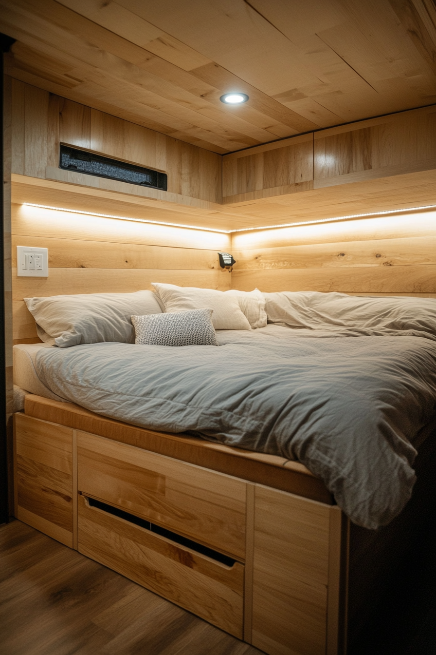 Tiny house bedroom. Wall-mounted wooden nightstands, king-sized hidden storage bed, minimalist design.