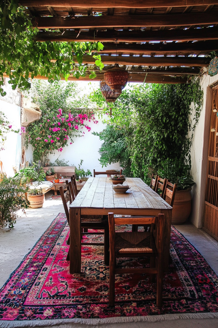 Bohemian Patio. Multi-layered Kilim rugs under wooden teak table.