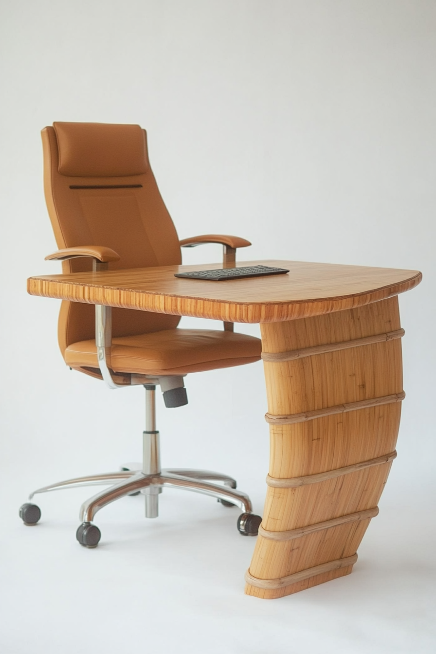 Mobile Workspace Design. Bamboo desk with tan leather office chair.