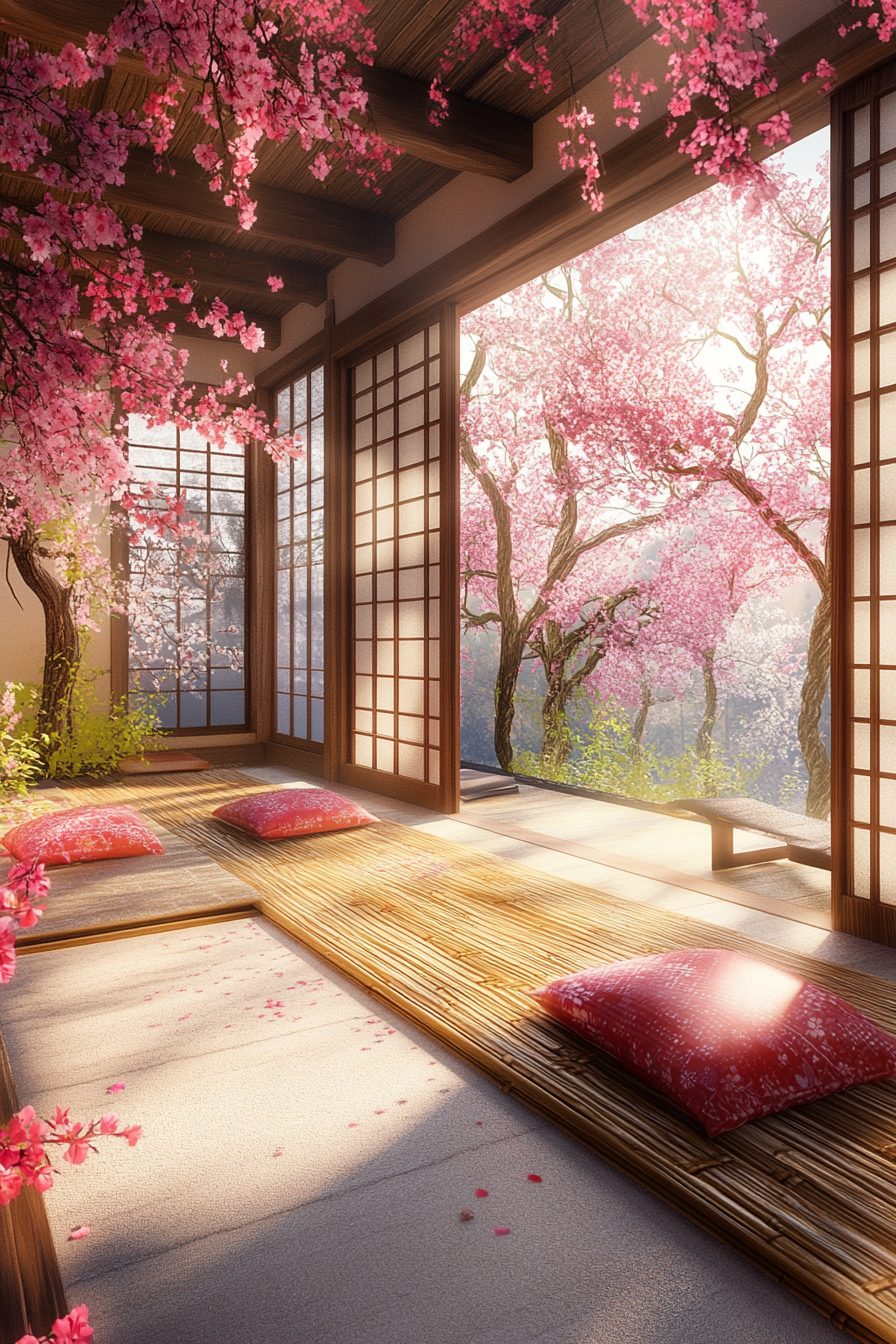 Elevated platform Zen Camp concept. Bamboo floor decking, vibrant cherry blossom, and sliding shoji screens.