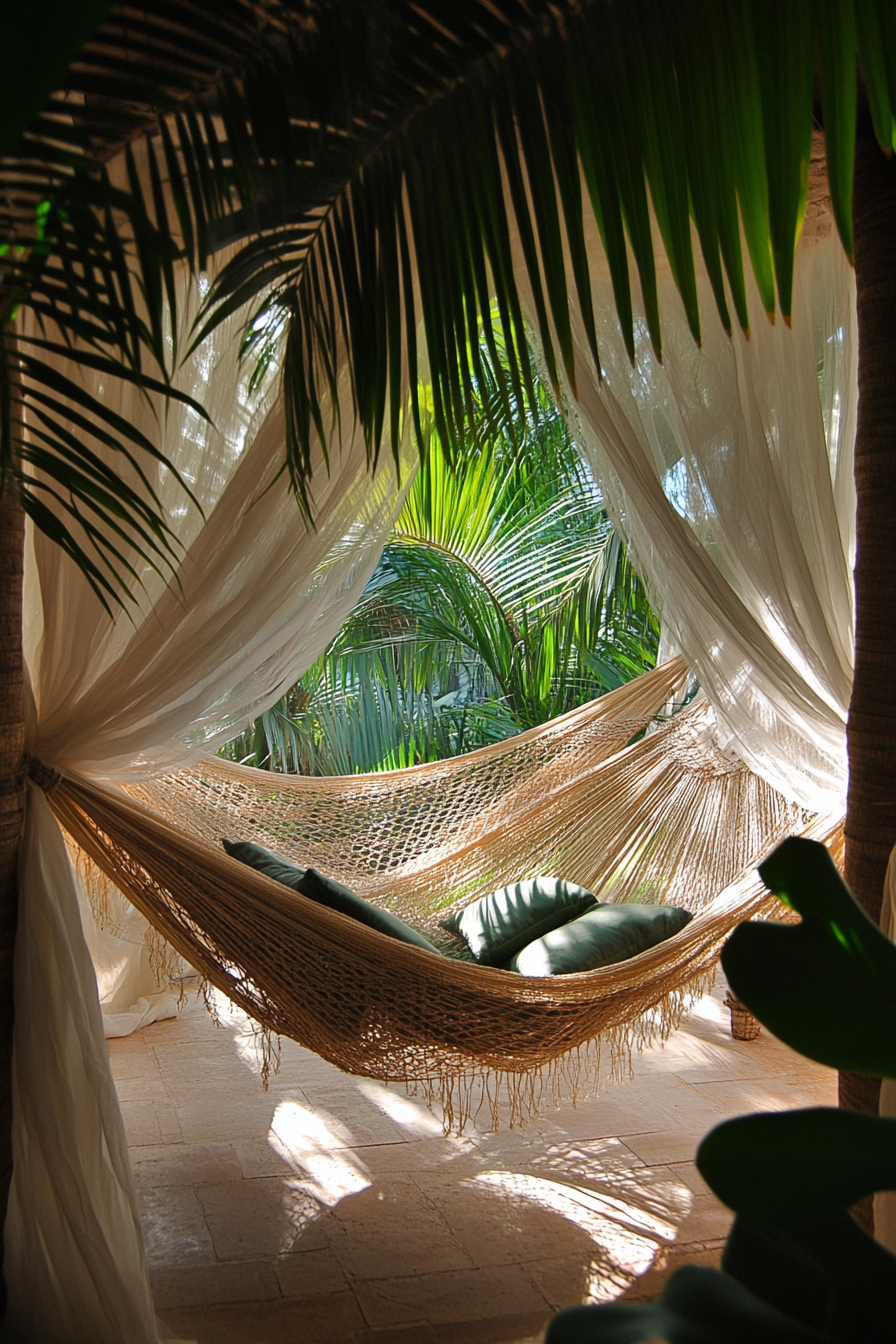 Sleeping nook. Woven hammock, emerald palm leaves and white gossamer mosquito net drapes.